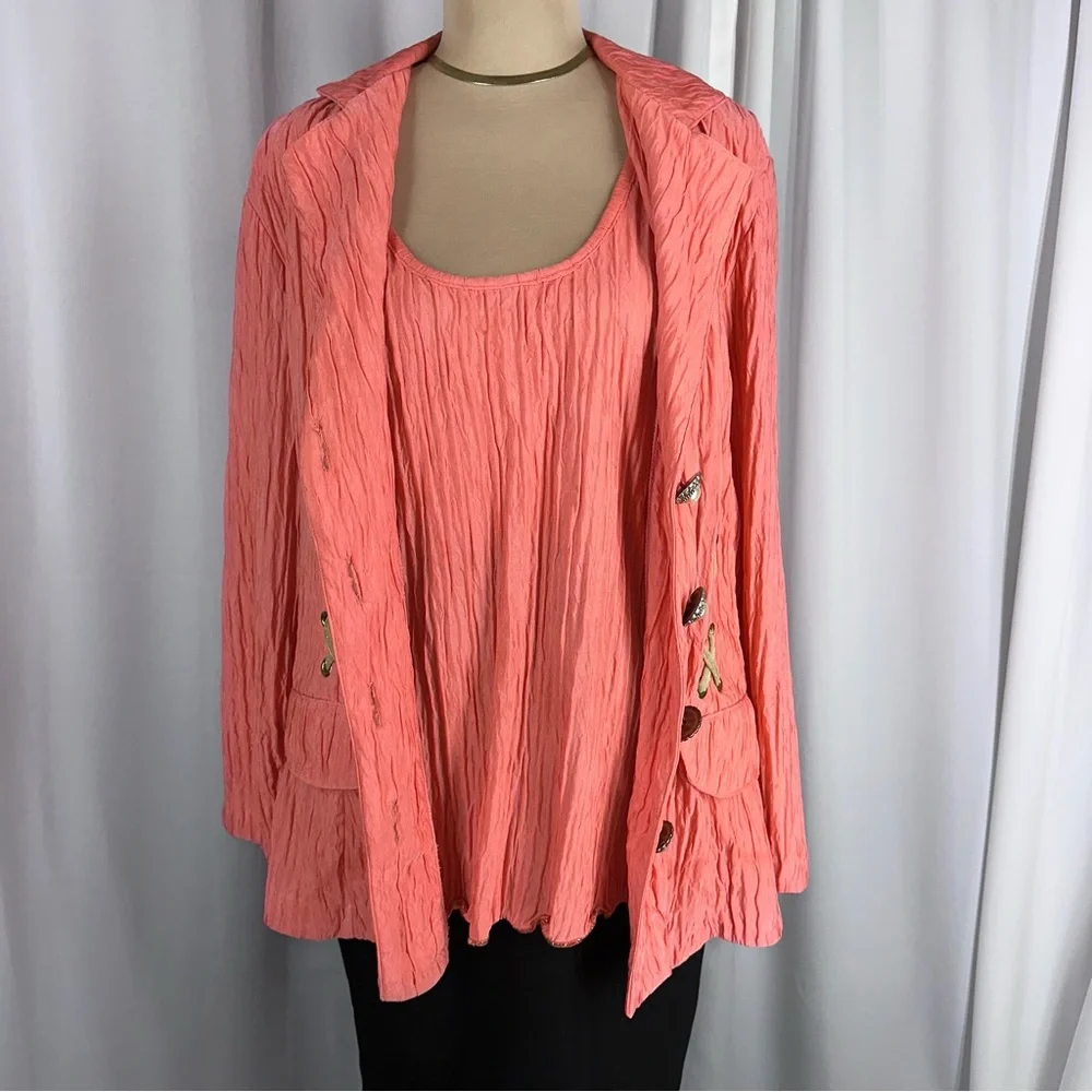 Vintage Sue Blue Tank And Jacket 2 Piece Set Sz‎ XL? Coral Crinkle USA Made READ